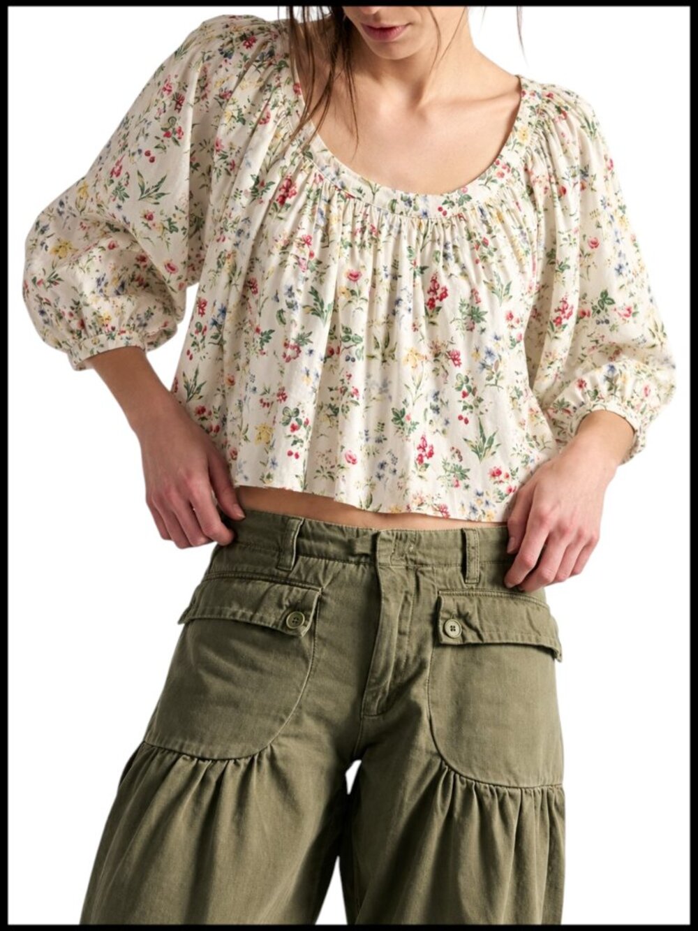 Tuckernuck Hyacinth House Floral Crop Blouse White Multi Puff Sleeve XS